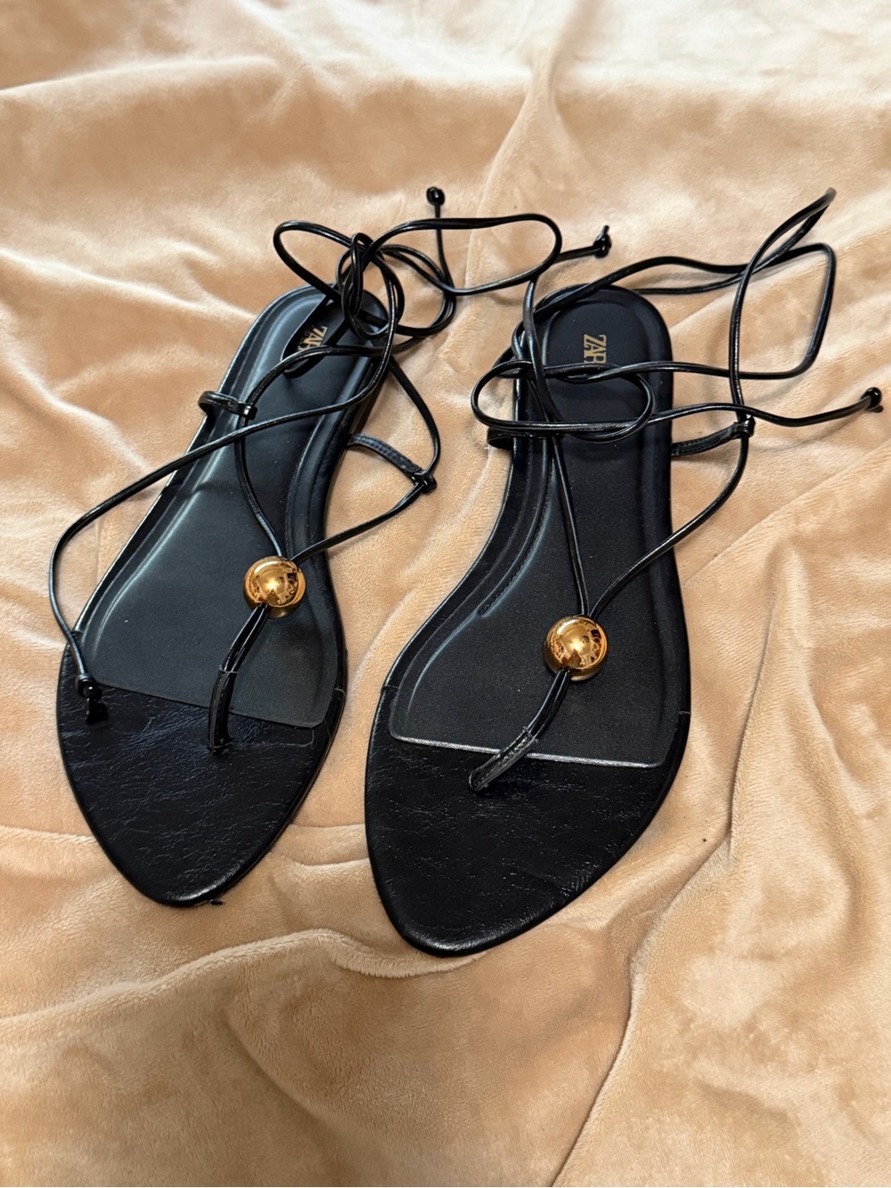 Zara Black Lace-Up Strappy Sandals with Gold Disc Detail Women’s 40